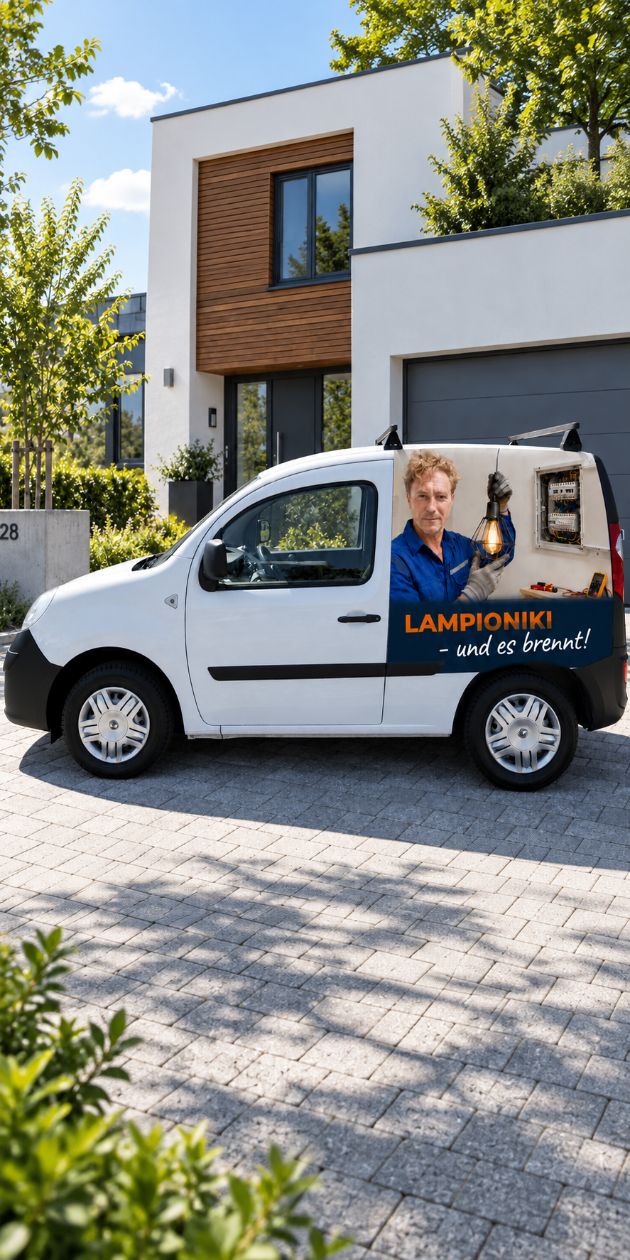 Elektriker Lennox Lampioniki neben seinem Servicefahrzeug vor einem Wohnhaus