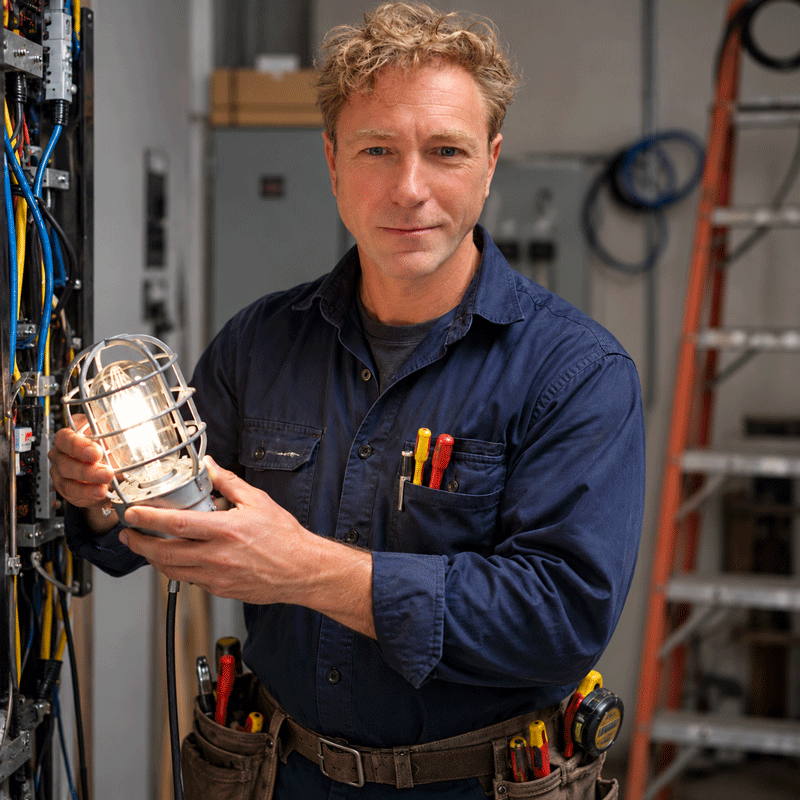 Lennox Lampioniki bei einer Elektroarbeit mit einer Arbeitsleuchte