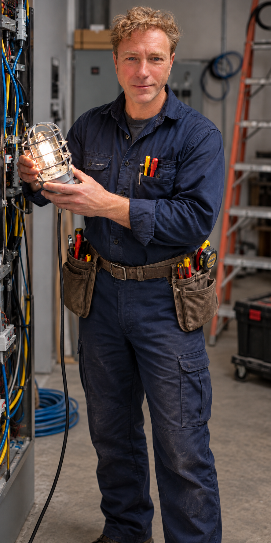 Elektriker Lennox Lampioniki mit Arbeitsleuchte bei einer Elektroinstallation