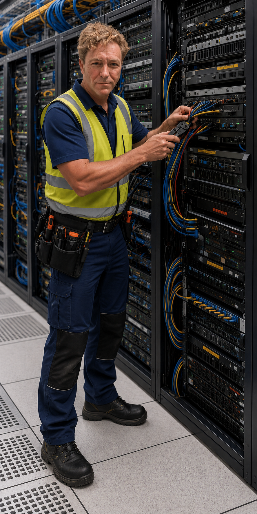 Lennox Lampioniki arbeitet an Netzwerkverkabelung in einem Technikraum